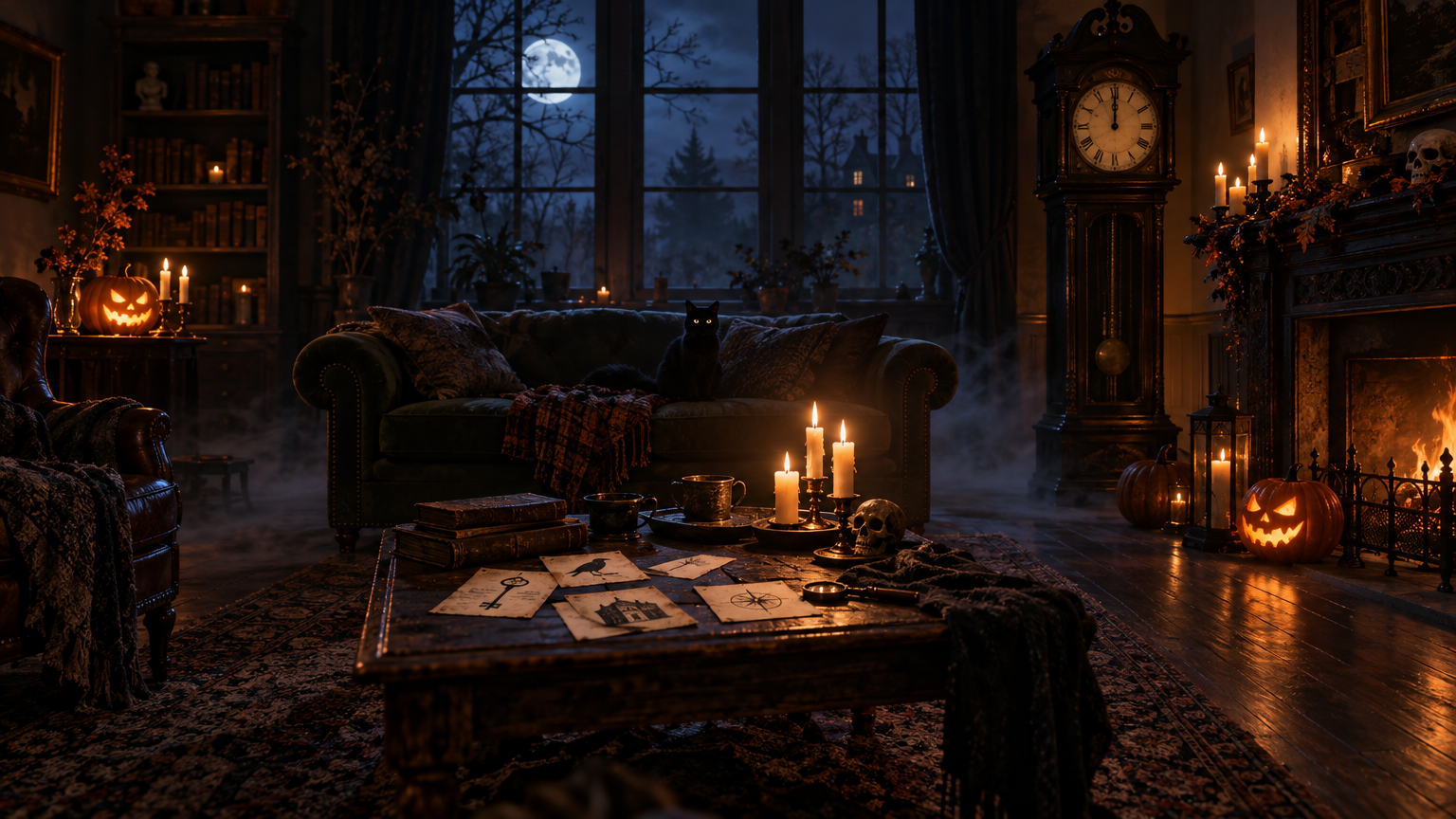 Candlelit living room with clue cards and a clock near midnight